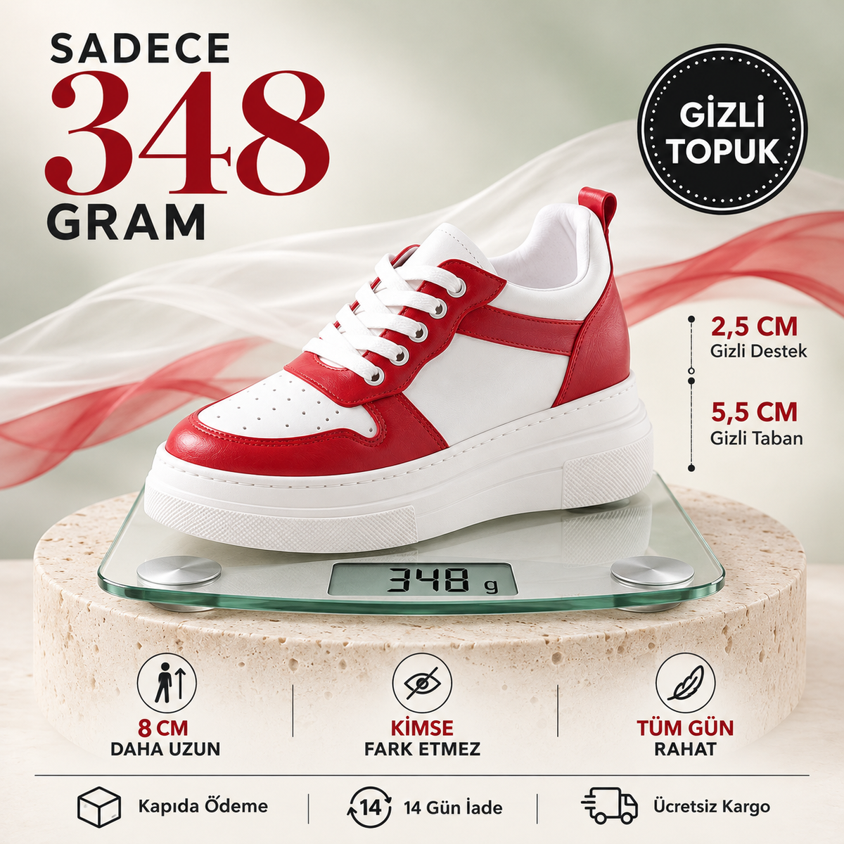 Rise: Kırmızı Detaylı 8 cm Gizli Topuklu Kadın Spor Ayakkabı