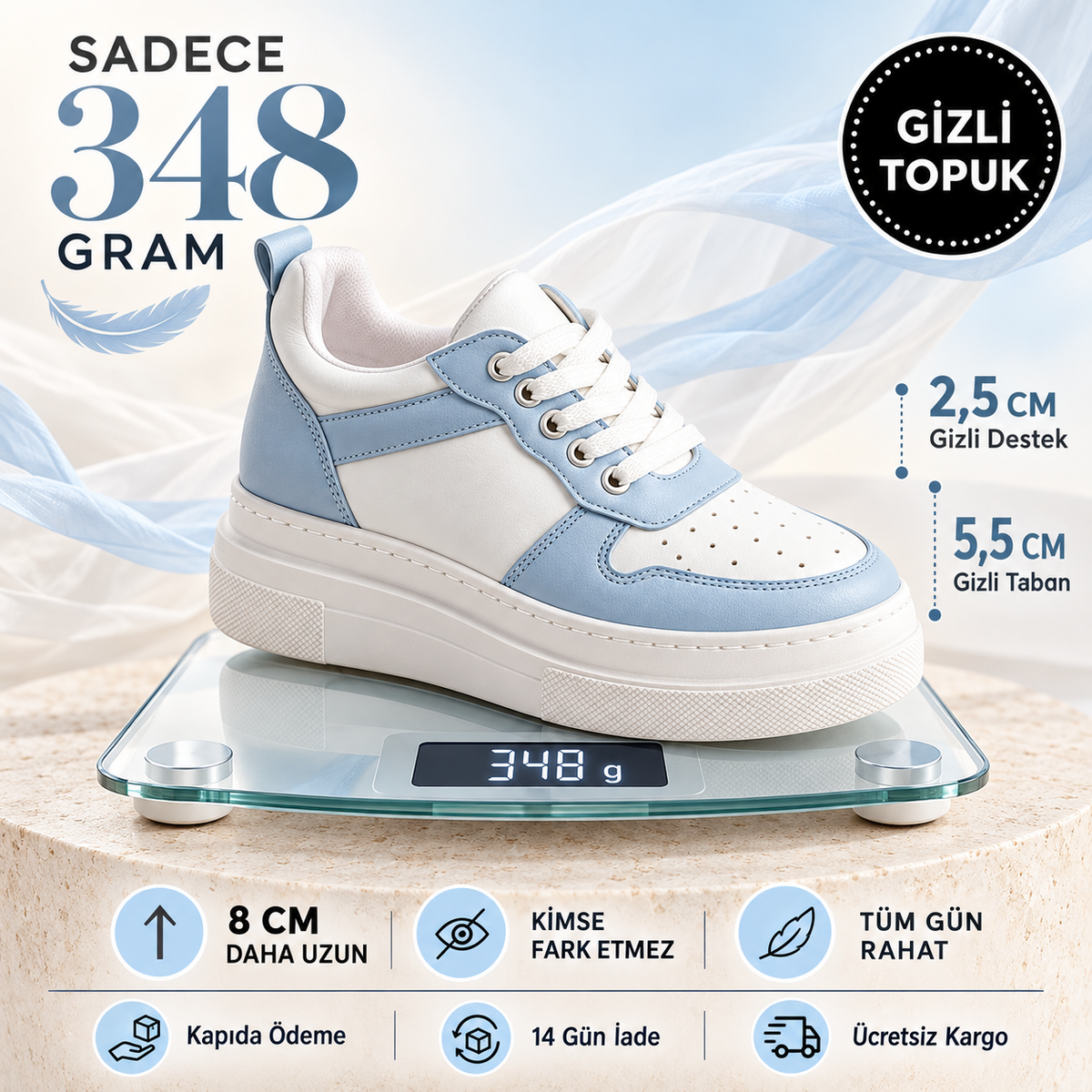Rise: Buz Mavisi 8 cm Gizli Topuklu Kadın Spor Ayakkabı